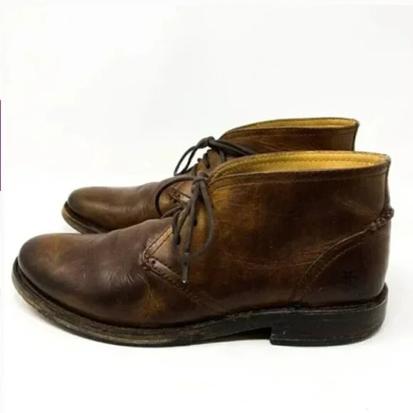 Frye James Brown Burnished Distressed Leather Chukka Boots - Size 7.5